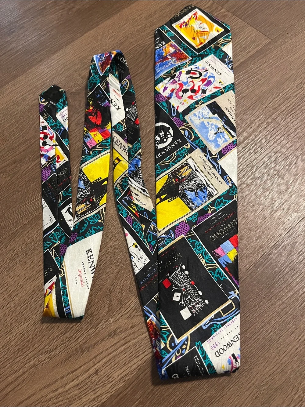Kenwood Black Multicolor Graphic Silk Tie with Teal and Yellow Accents